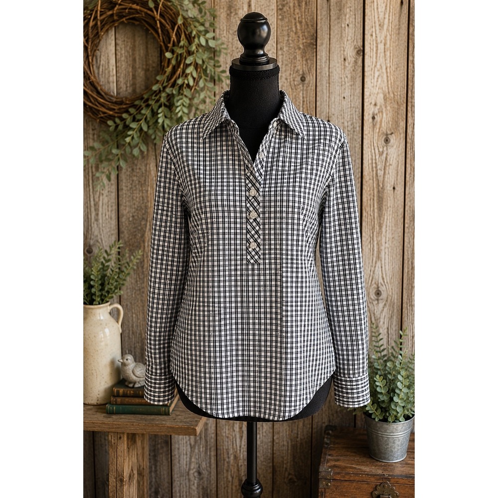 Talbots Plaid Button Down Shirt Women's 14 Black White Metallic Classic Preppy